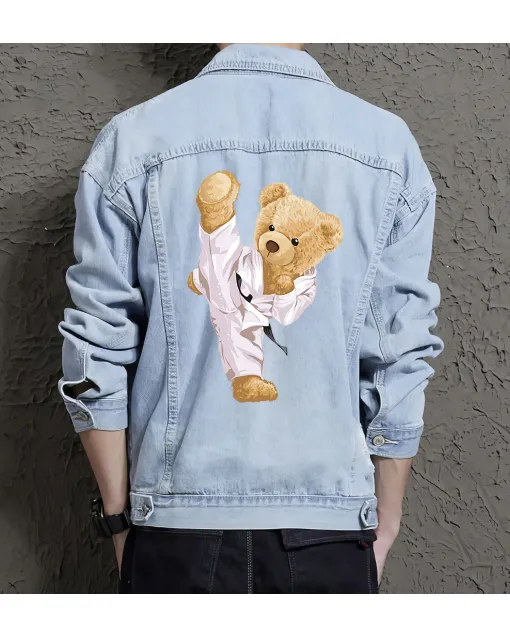 Teddy Karate Jean Jacket for Men – Gift for Gamers – Birthday Present - Light Blue - Main View