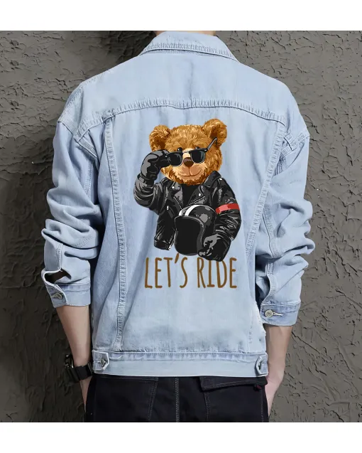 Teddy Lets Ride Jean Jacket for Men – Gift for Streetwear Fans – Christmas Gift - Light Blue - Main View