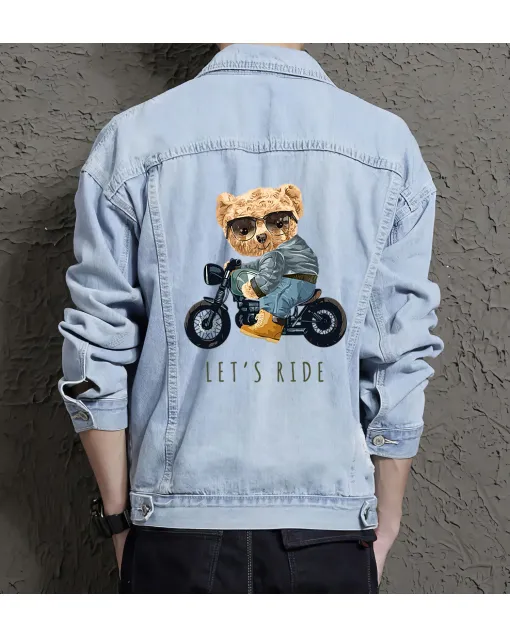Teddy Lets Ride Jean Jacket for Men – Gift for Streetwear Fans – Birthday Present - Light Blue - Main View