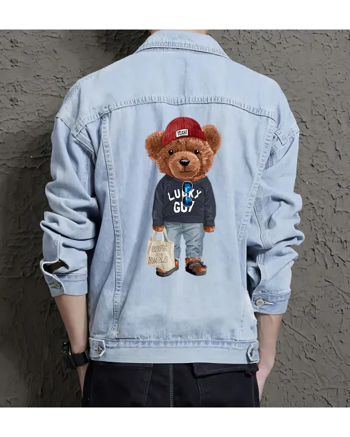 Teddy Luckyguy Jean Jacket for Men – Gift for Streetwear Fans – Birthday Present - Light Blue - Main View