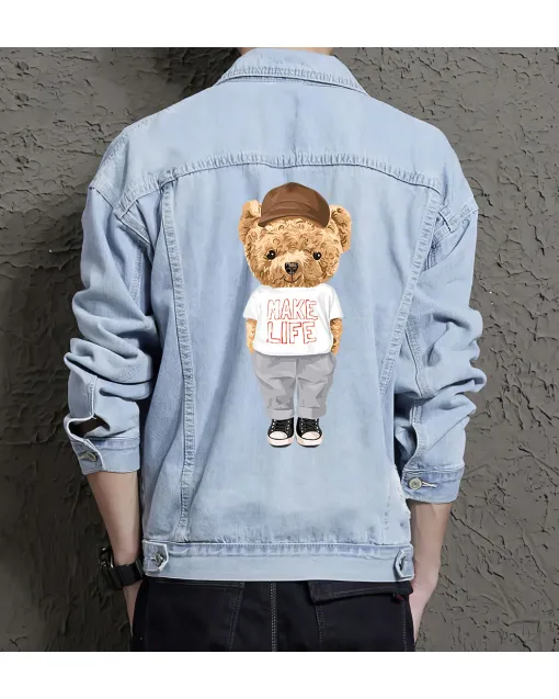 Teddy Make Life Jean Jacket for Men – Gift for Streetwear Fans – Birthday Present - Light Blue - Main View