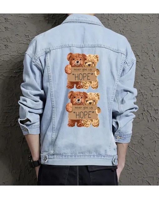 Teddy Never Giveup Jean Jacket for Men – Gift for Streetwear Fans – Birthday Present - Light Blue - Main View