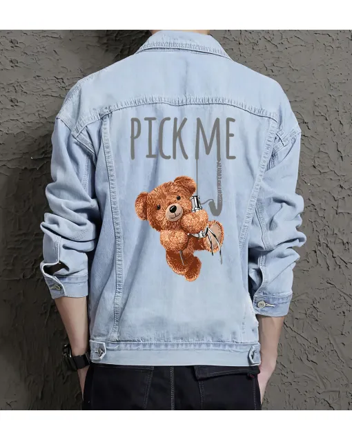 Teddy Pick Me Jean Jacket for Men – Gift for Streetwear Fans – Birthday Present - Light Blue - Main View