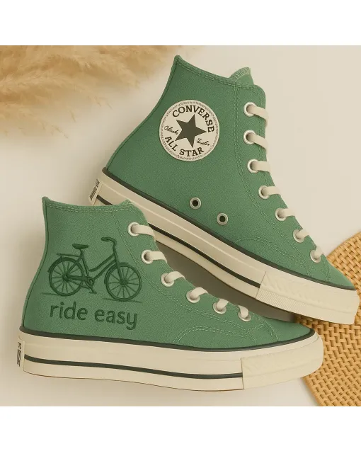 Vintage Bicycle Print Canvas Sneakers for Cyclists, Retro Enthusiasts, and Urban Explorers – Stylish Comfort for Everyday Wear, Travel, and Adventures - Custom Embroidered - Main View