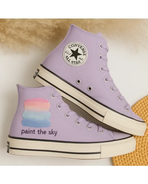 Watercolor Lavender Sneakers for Trendsetters, Fashionistas – Unique Style for Casual Outings, Everyday Wear - Custom Embroidered - Main View