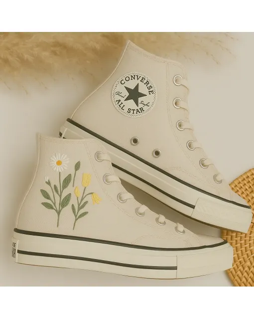 Whimsical Floral Sneakers for Women – Comfort for Casual Walks, Spring Festivals – Perfect Gift for Flower Enthusiasts - Custom Embroidered - Main View