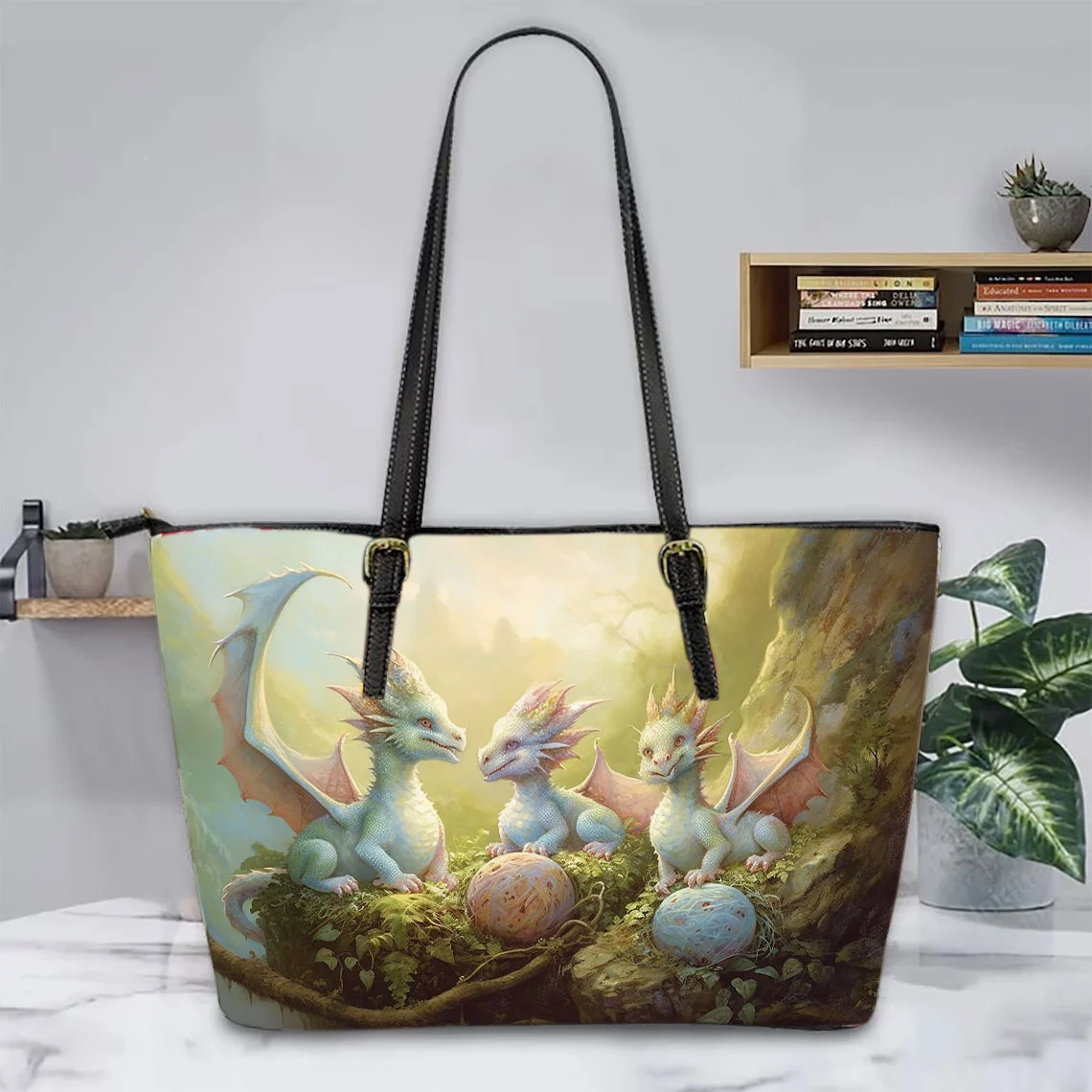 Heartwarming Scene Dragon and Baby Dragon Leather Tote Bag