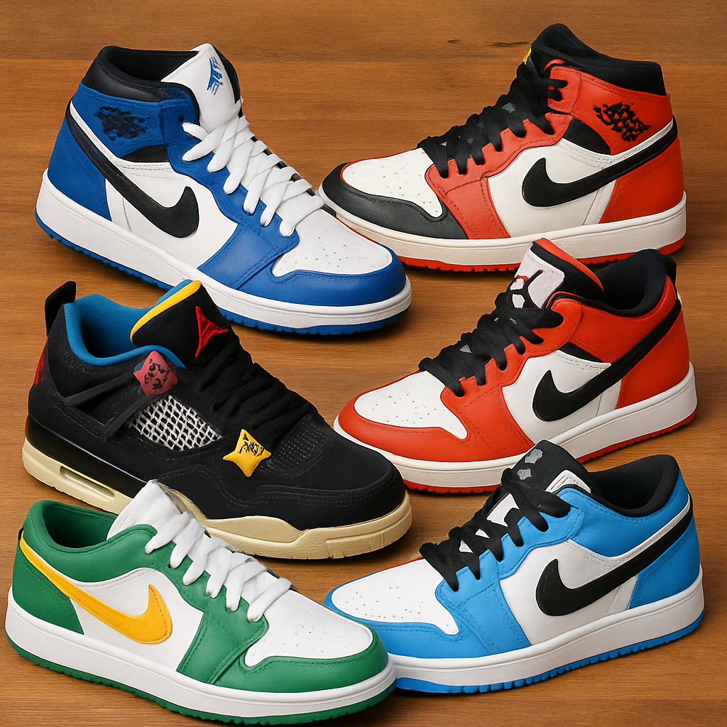 A display of different Air Jordan sneakers, showcasing various colors and designs.