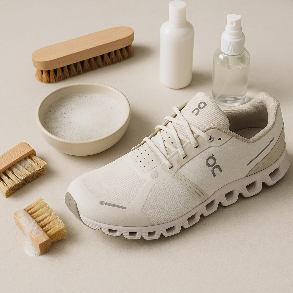 On Cloud shoes and cleaning supplies for effective maintenance.