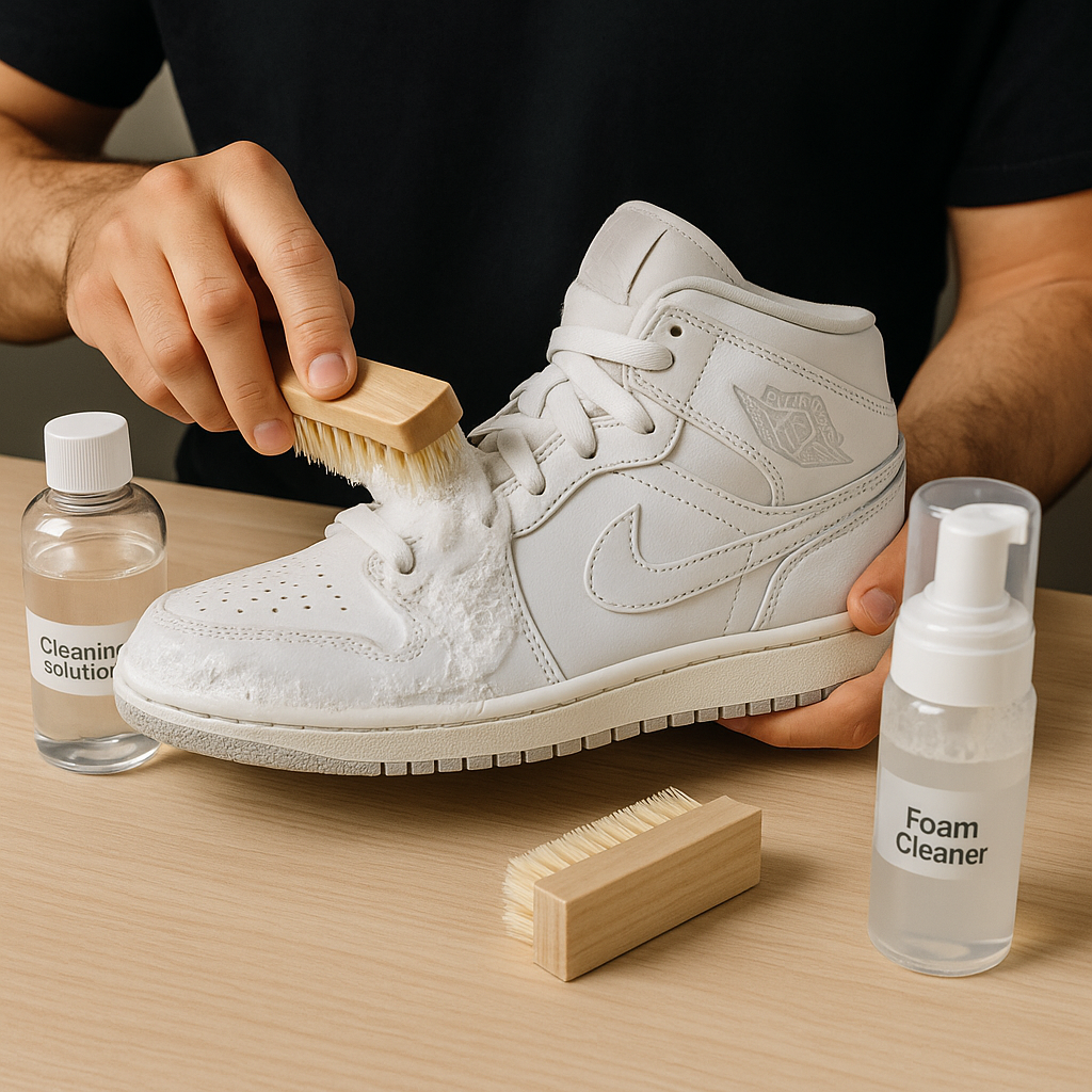 A person cleaning white Air Jordan 1 sneakers with a brush and cleaning solution.