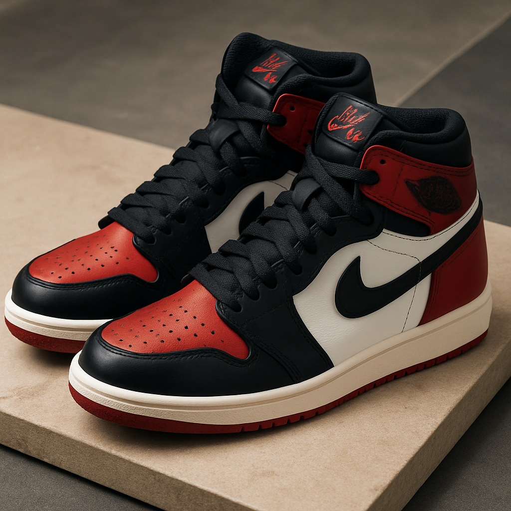 A pair of Air Jordan 1 sneakers on a wooden surface, highlighting the iconic design.