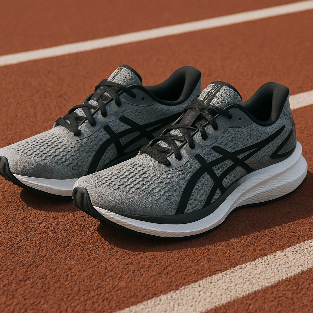 A pair of running sneakers positioned on a running track, showcasing their sporty design.