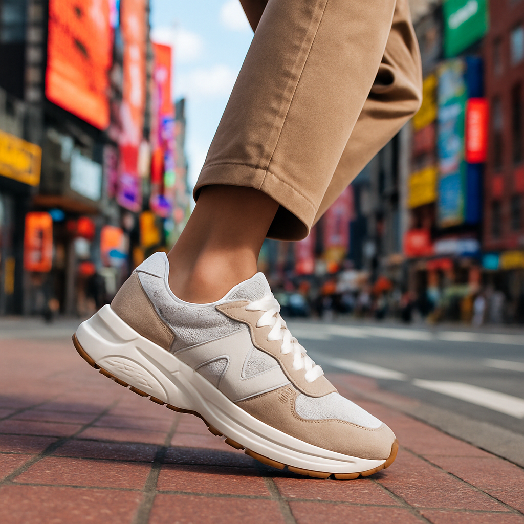 Person wearing comfortable sneakers in an urban setting.